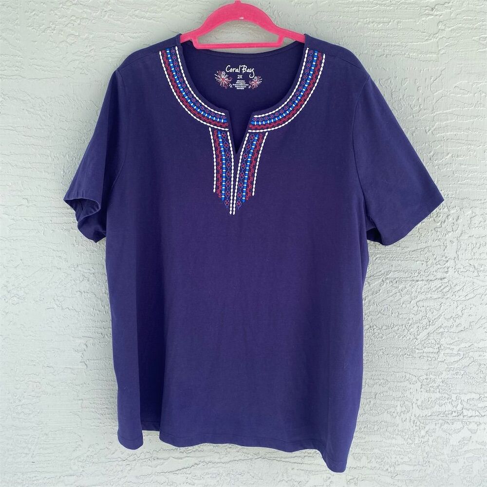 Coral Bay Women's 2XL Embroidered V-Neck Blouse Navy Blue 4th Of July